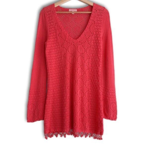 LILLY PULITZER / Pom-Pom Trim V-Neck Knit / Crochet Tunic Top Bright Pink Sz M - Picture 1 of 16